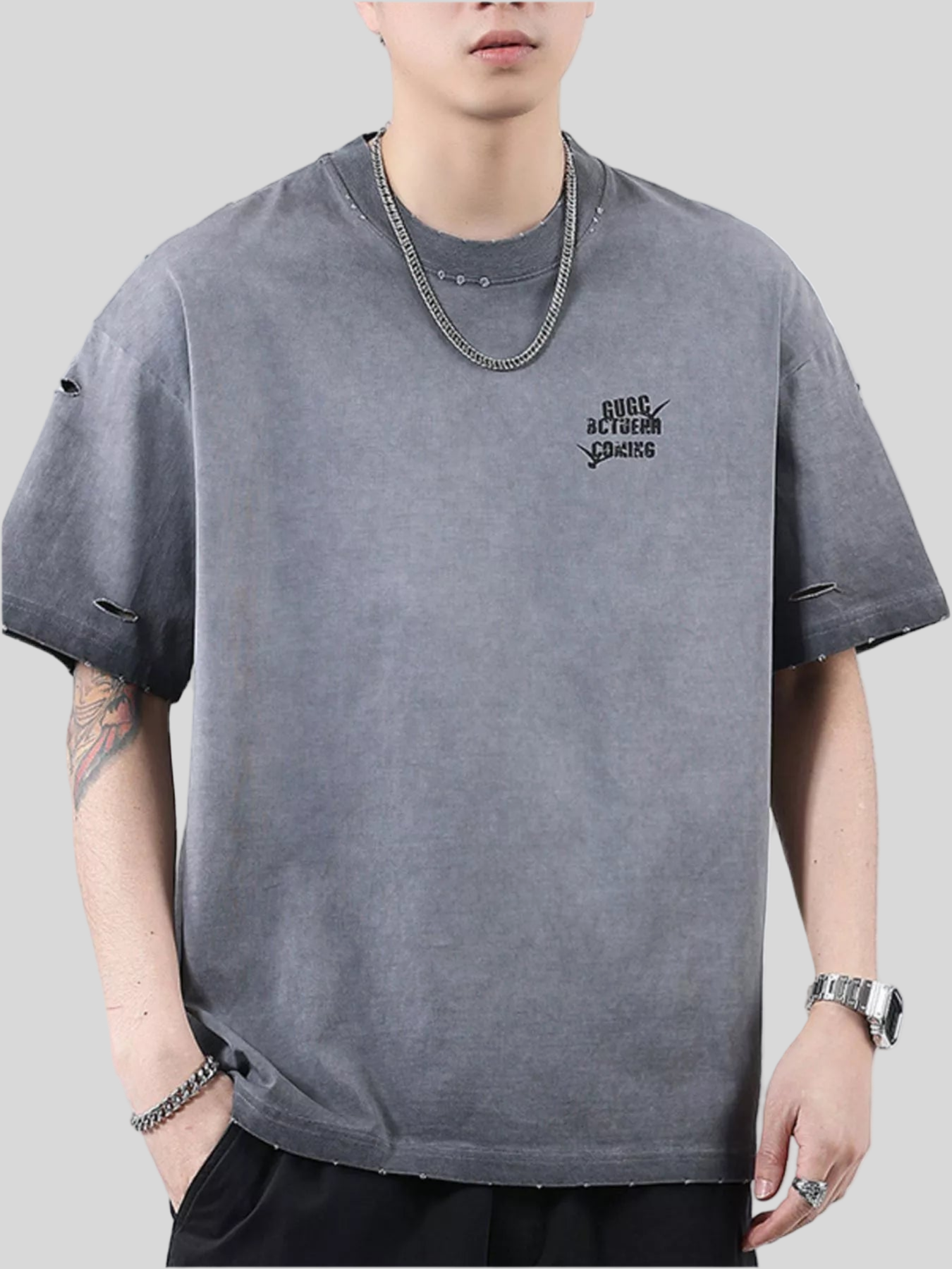 Distressed Round Neck Short Sleeve T-Shirt