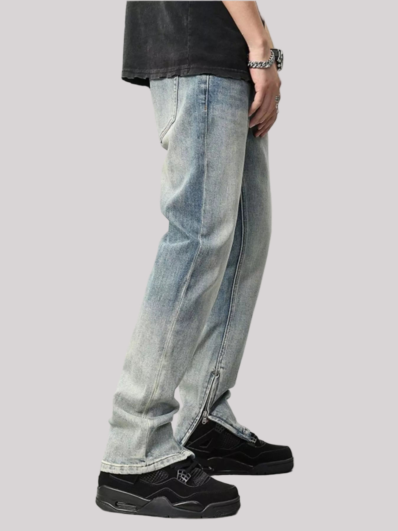 Zip Detail Washed Straight Leg Jeans