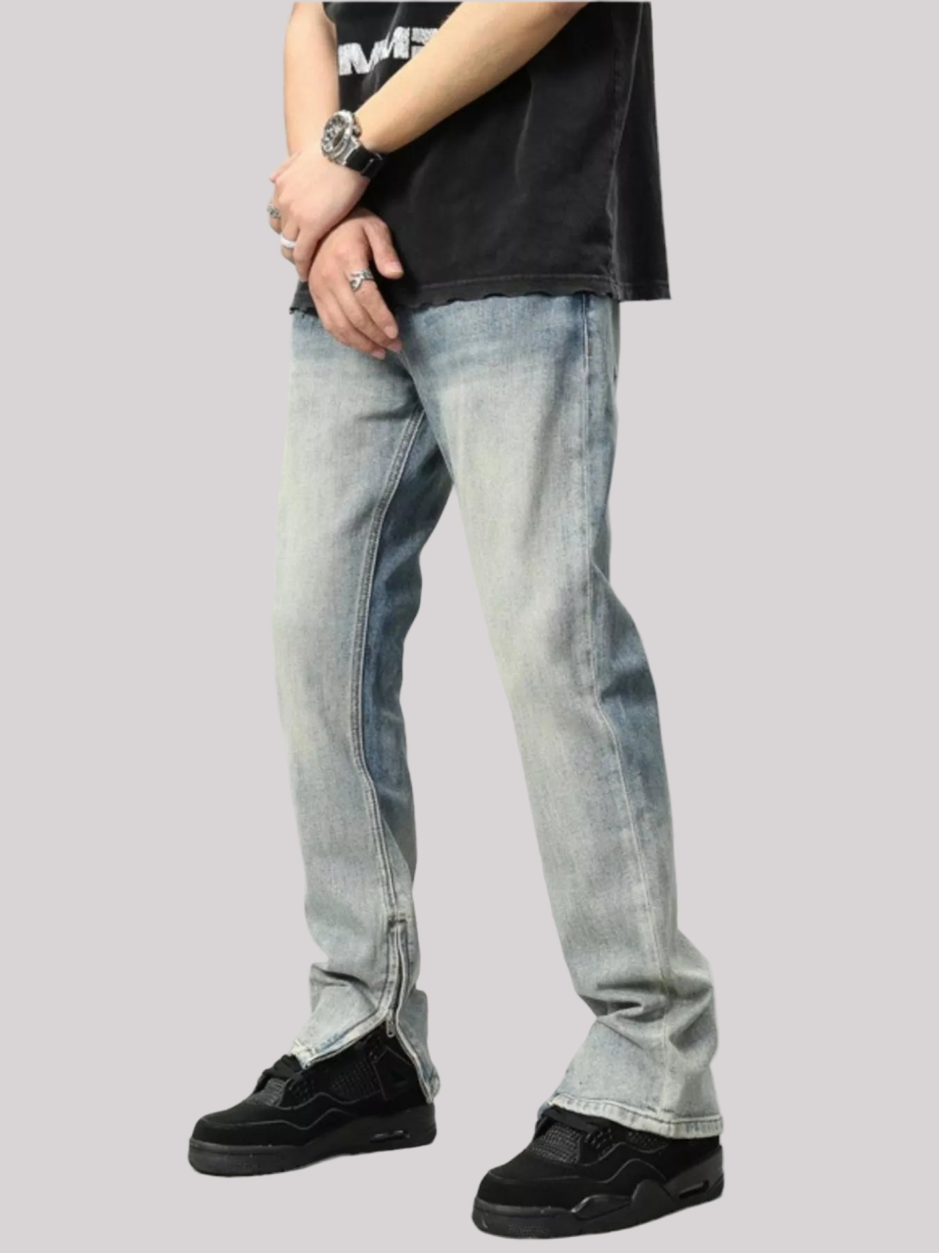 Zip Detail Washed Straight Leg Jeans