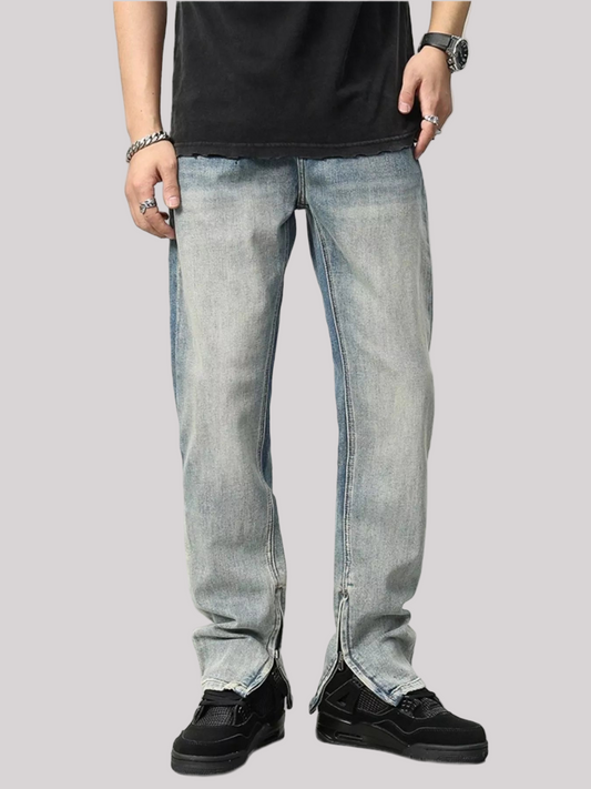 Zip Detail Washed Straight Leg Jeans