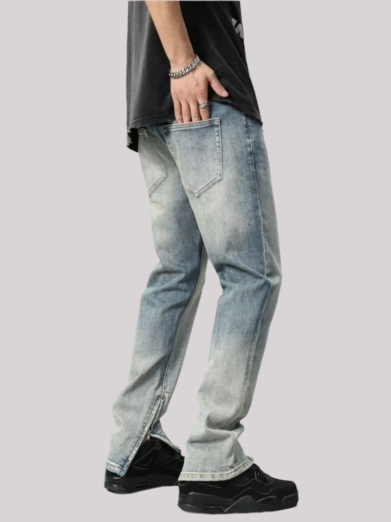 Zip Detail Washed Straight Leg Jeans
