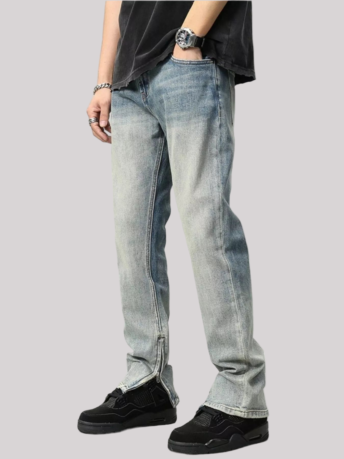 Zip Detail Washed Straight Leg Jeans