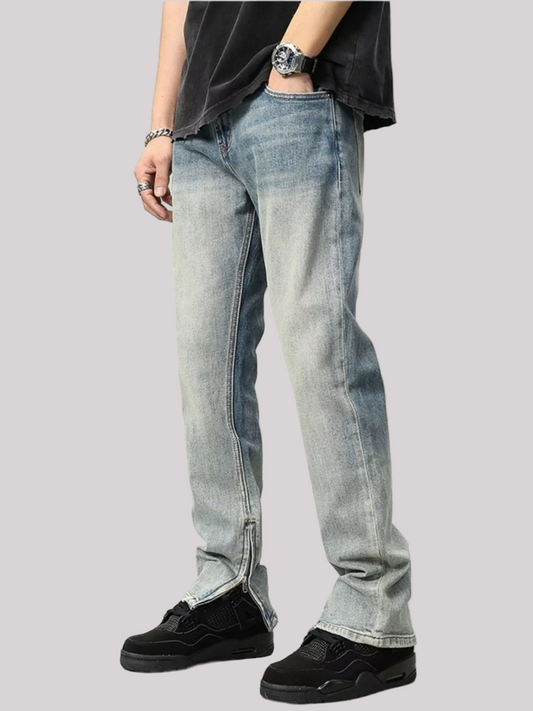 Zip Detail Washed Straight Leg Jeans