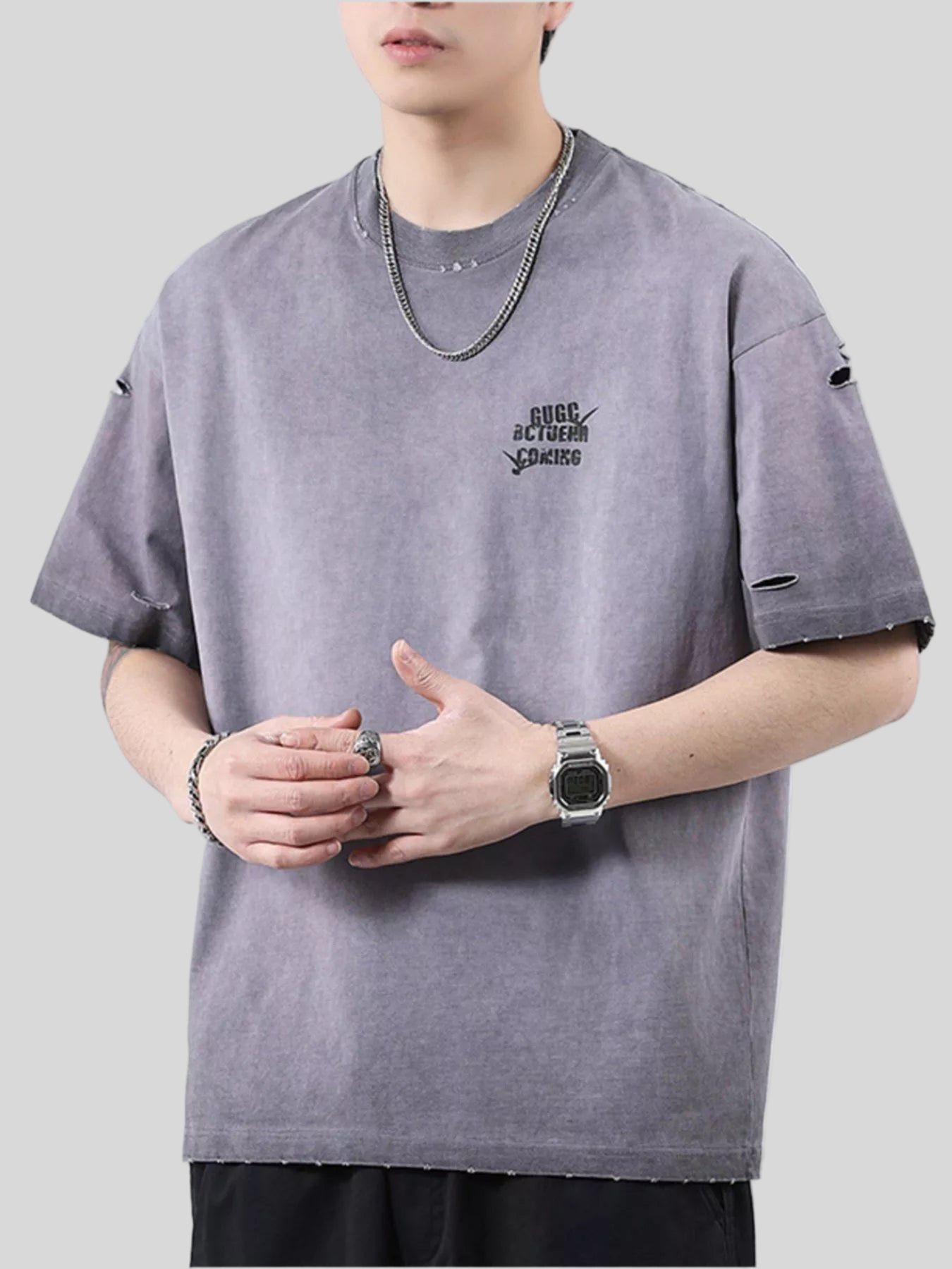 Distressed Round Neck Short Sleeve T-Shirt