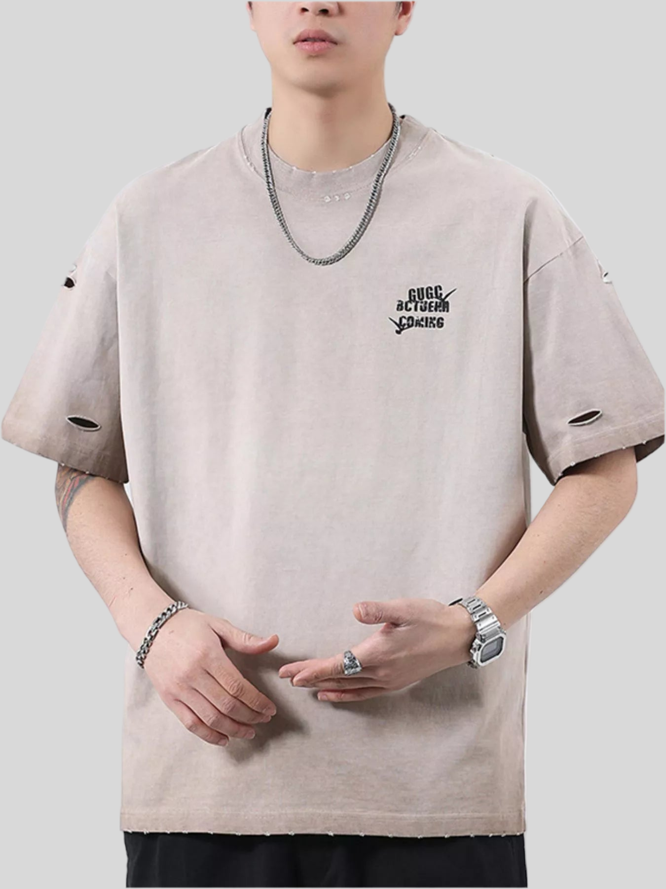 Distressed Round Neck Short Sleeve T-Shirt