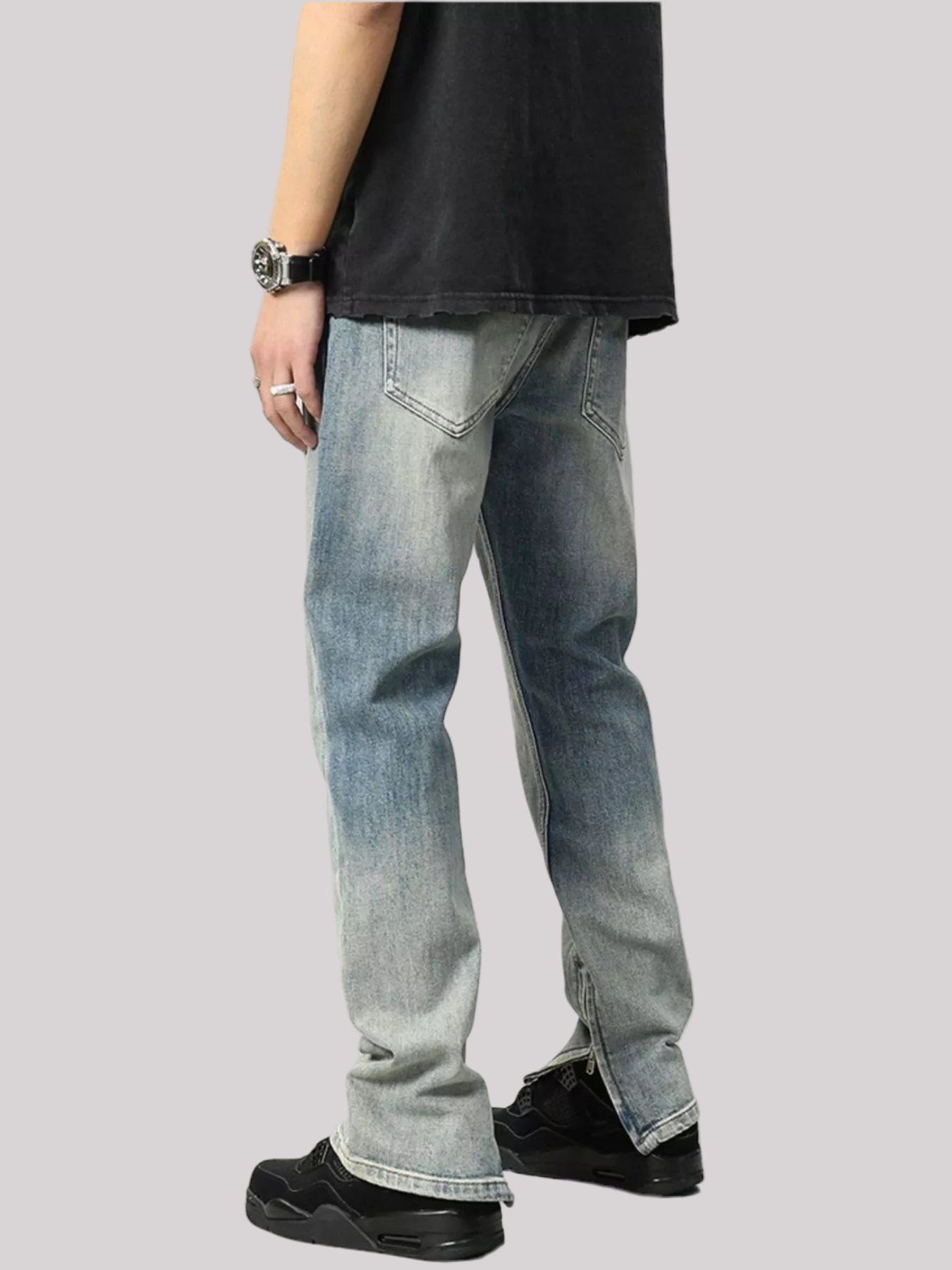 Zip Detail Washed Straight Leg Jeans